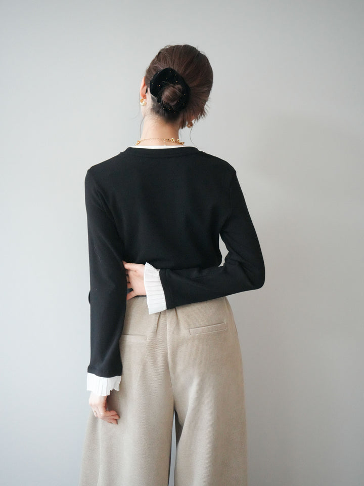 [予約]袖プリーツ配色レイヤードトップス/black