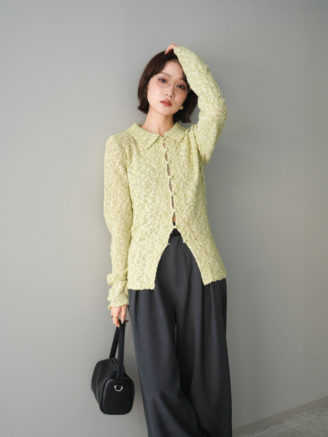 [SET]透かし編みブークレポロニットトップス+透かし編みブークレポロニットトップス(2set)