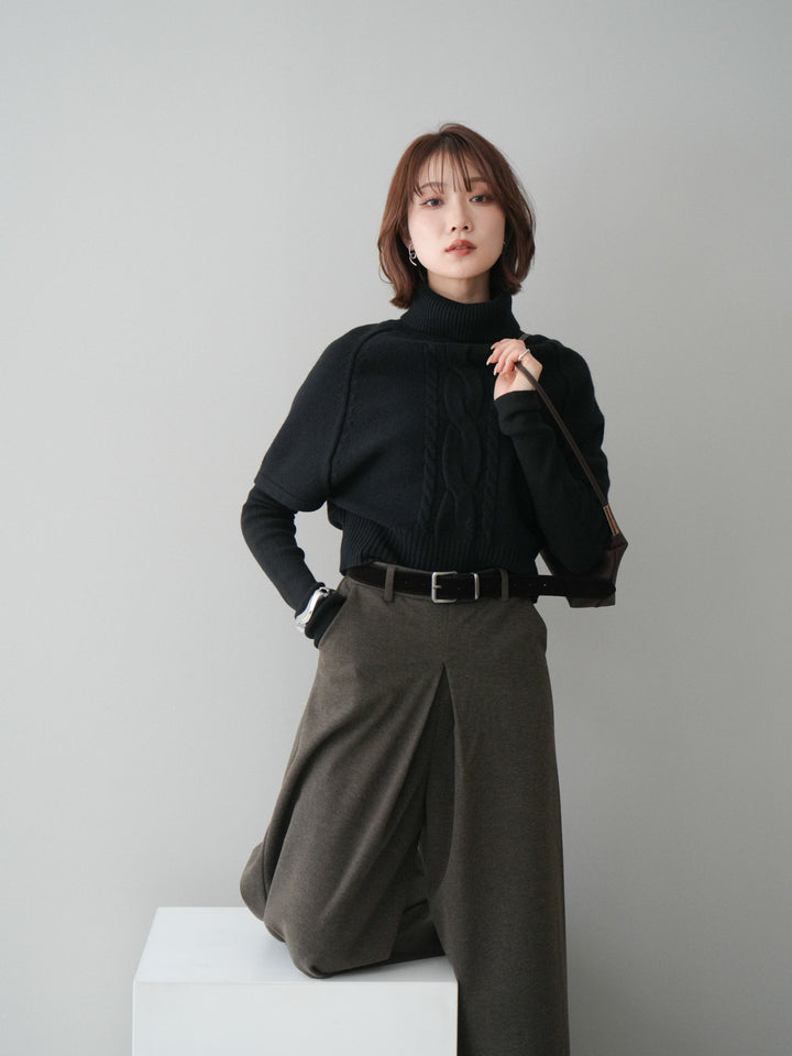 [予約]ケーブル編みタートルハーフスリーブニットアンサンブル/black