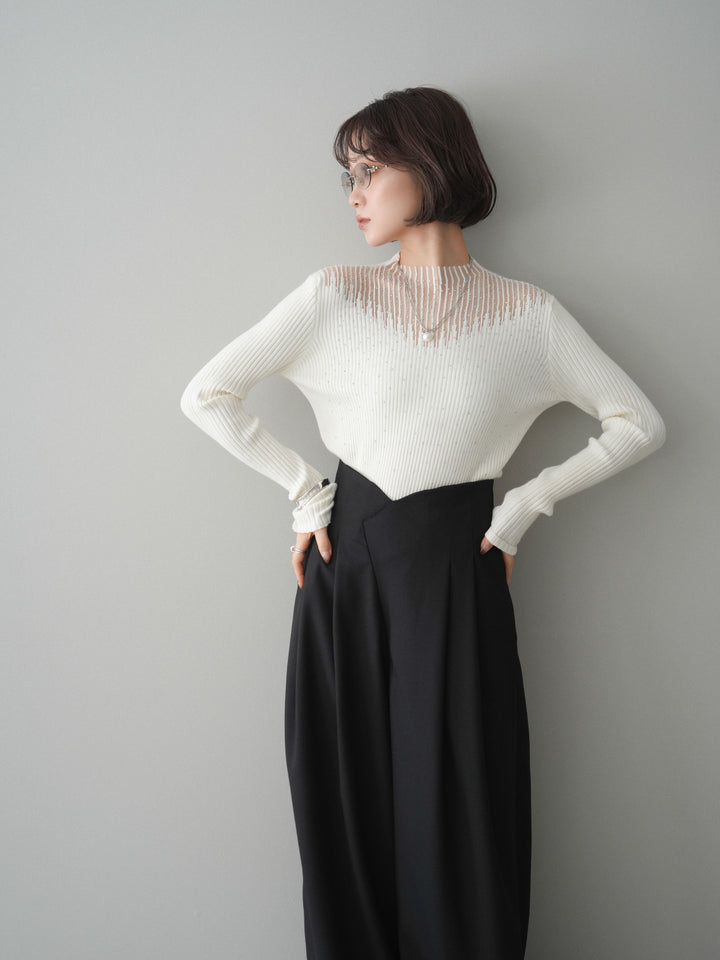 [SET]シアー切替スパンコールリブニットトップス+デザインハイウエストワイドパンツ(2set)