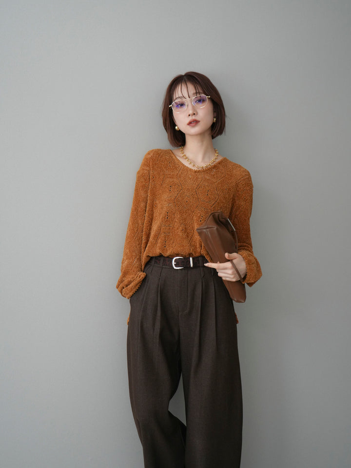 [予約]モール透かし編みニットトップス/camel