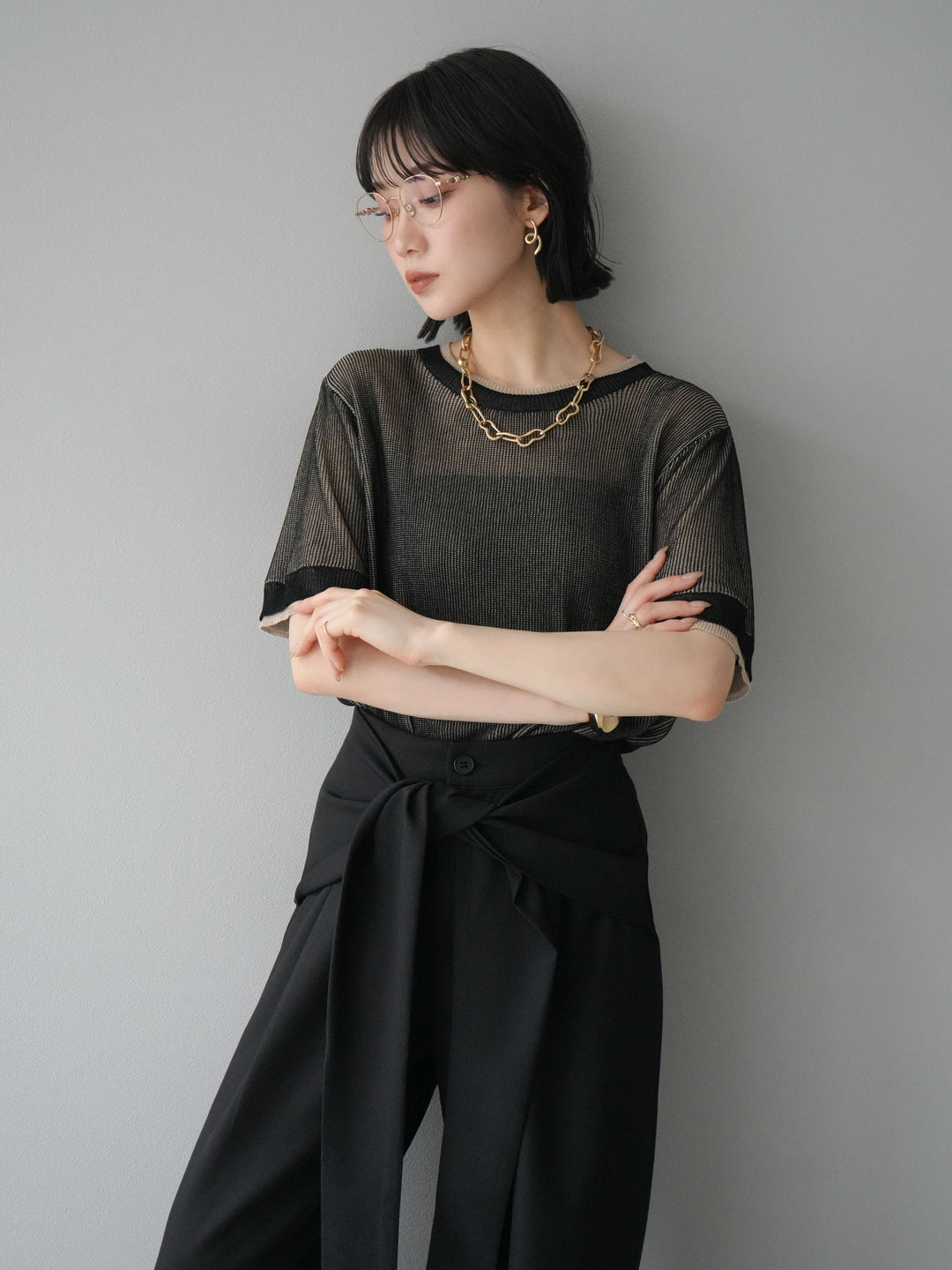 [SET]リネンタッチ配色二重臼ハーフニットトップス+ウエスト巻きデザインワイドパンツ(2set)