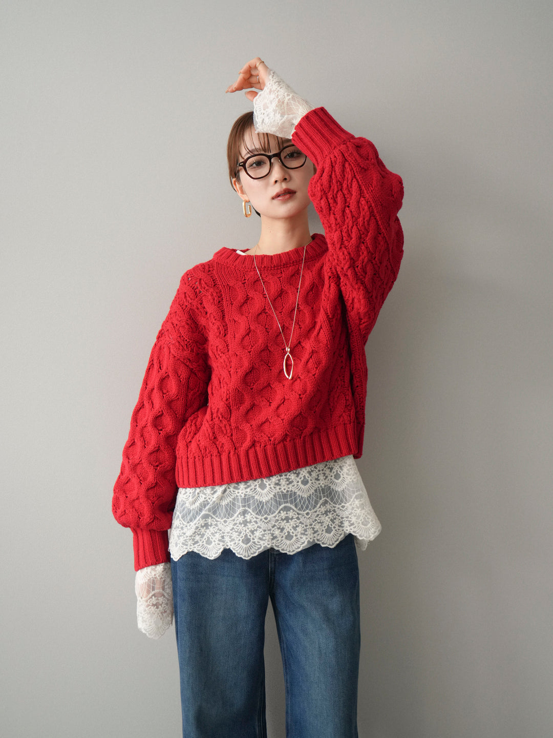 [予約]バルキーケーブルクロップドニットプルオーバー/red