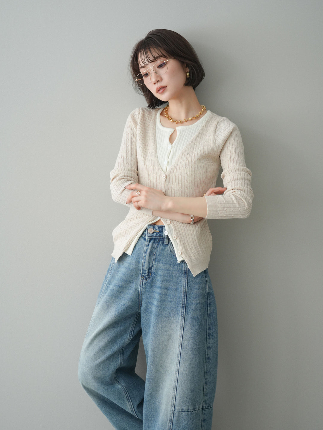 [予約]バイカラーレイヤードニットカーディガン/white