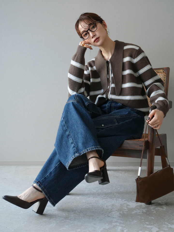 [予約]ボウタイボーダーニットカーディガン/brown