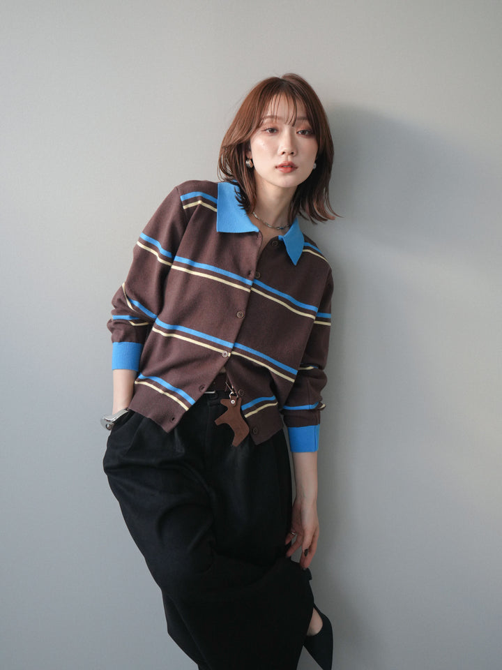 [予約]配色マルチボーダーポロニットカーディガン/brown