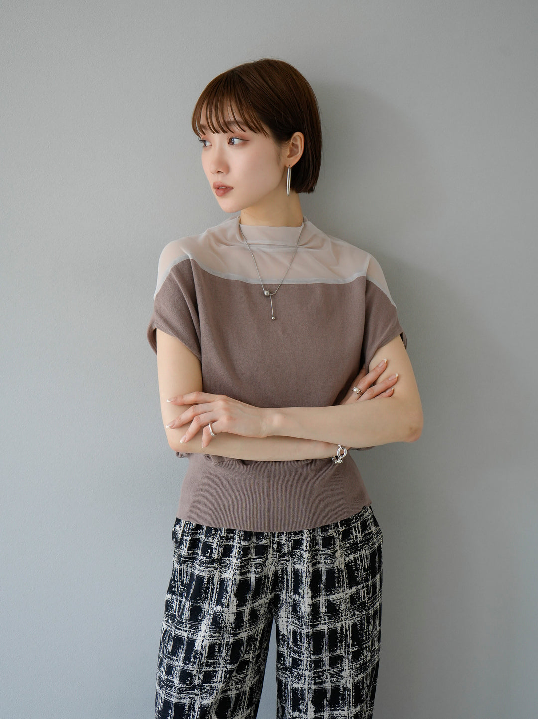 [SET] French sleeve sheer knit pullover + painted check pattern wide pants (2 sets)