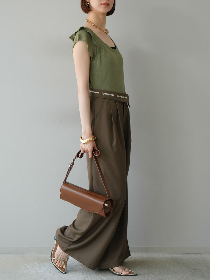 【預購】寬褲，捲腰，附logo褶/褐色