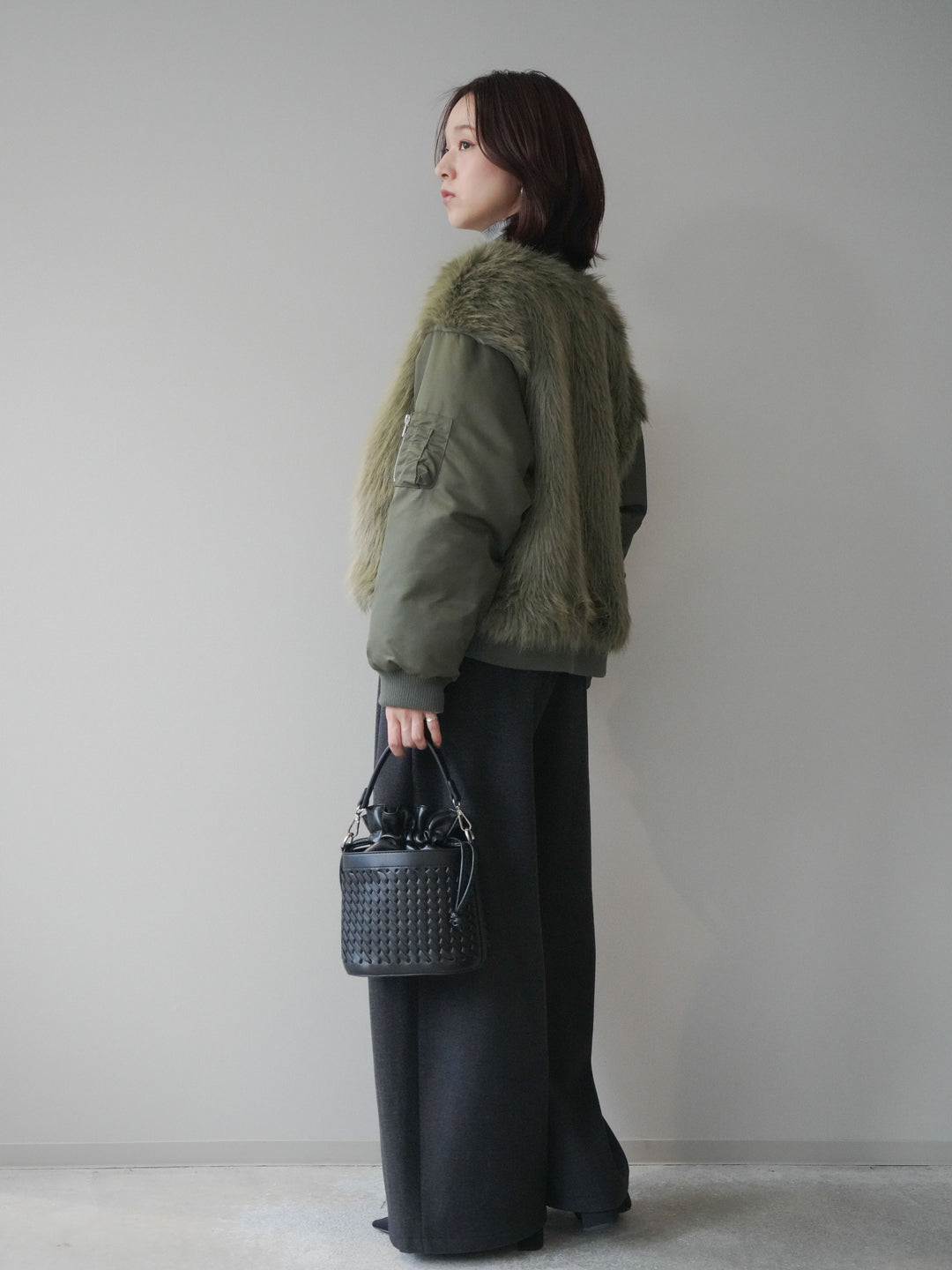 [SET]ファードッキングMA-1+袖ボタンボトルネックリブニットトップス+アニマル柄ベルト付きウールタッチワイドパンツ(3set)