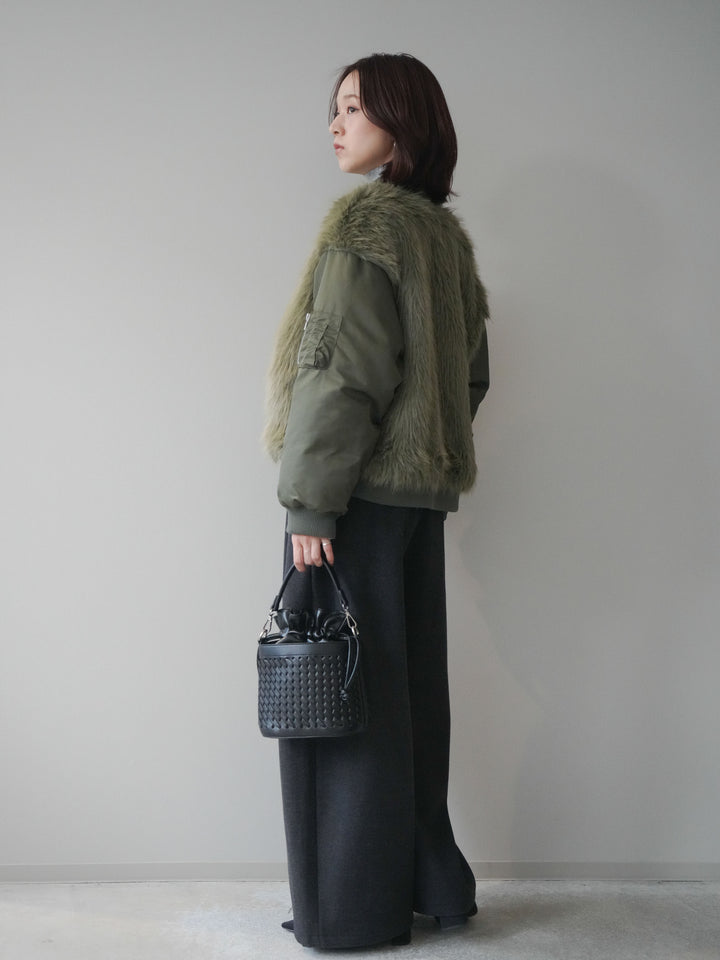 [SET]ファードッキングMA-1+袖ボタンボトルネックリブニットトップス+アニマル柄ベルト付きウールタッチワイドパンツ(3set)