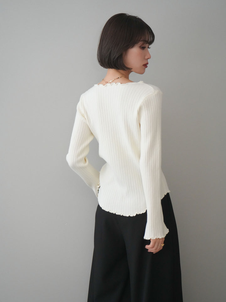 [予約]レースネックレースアップリブニットトップス/ivory