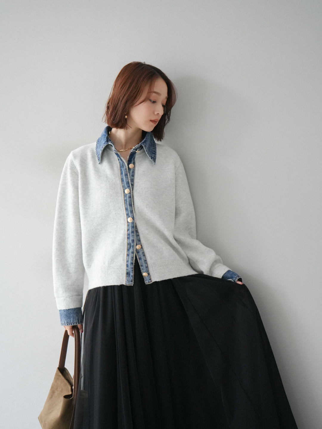 [SET]デニム襟ボタンニットカーディガン+チュールボリュームスカート(2set)