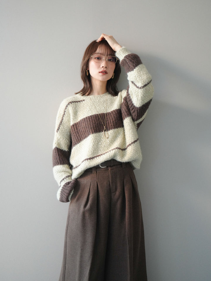 [SET]ネップヤーンボーダーニットプルオーバー+ウールタッチベルト付ワイドパンツ(2set)