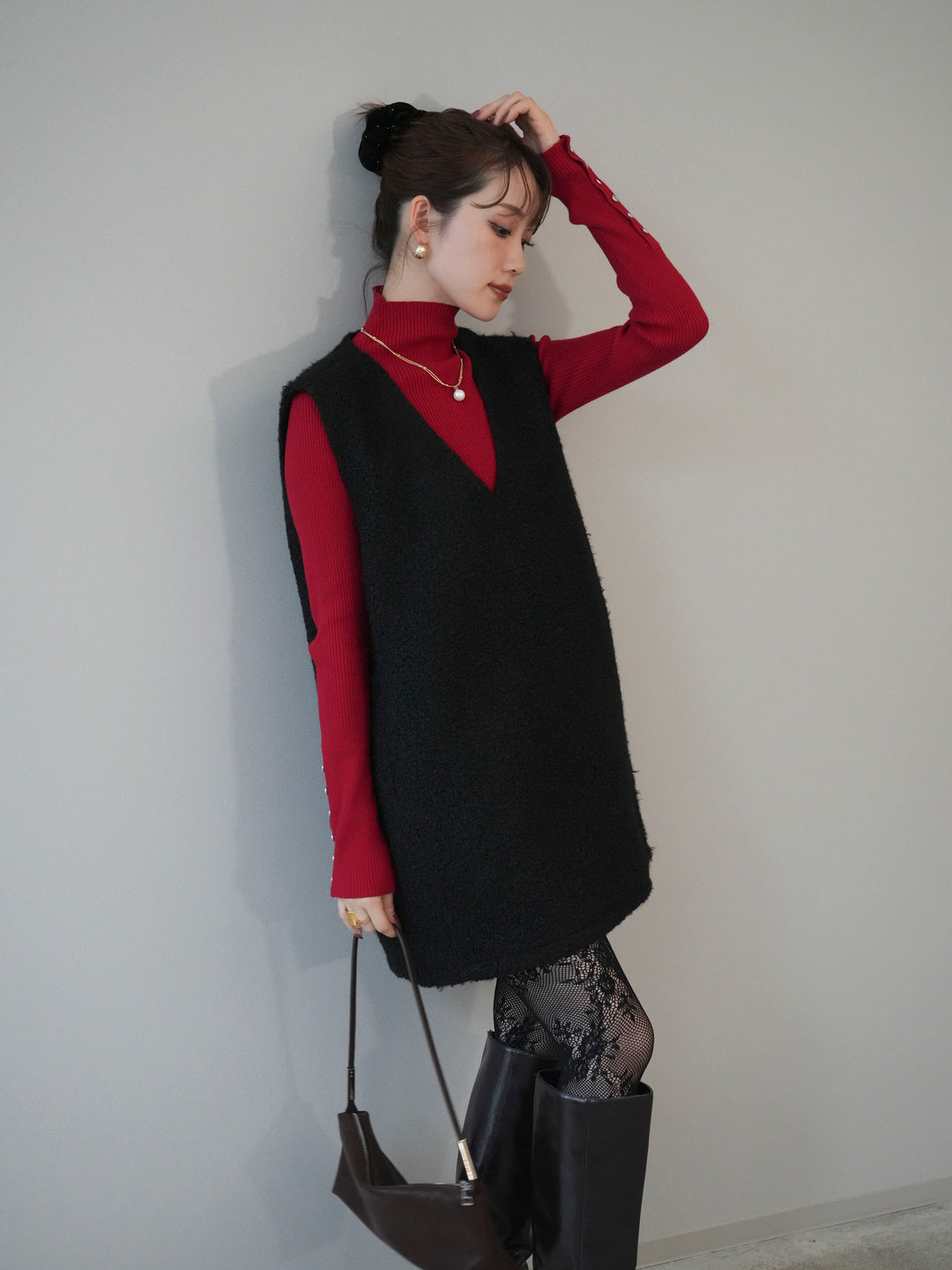 [予約]ミックスループヤーンニットミニワンピース/black