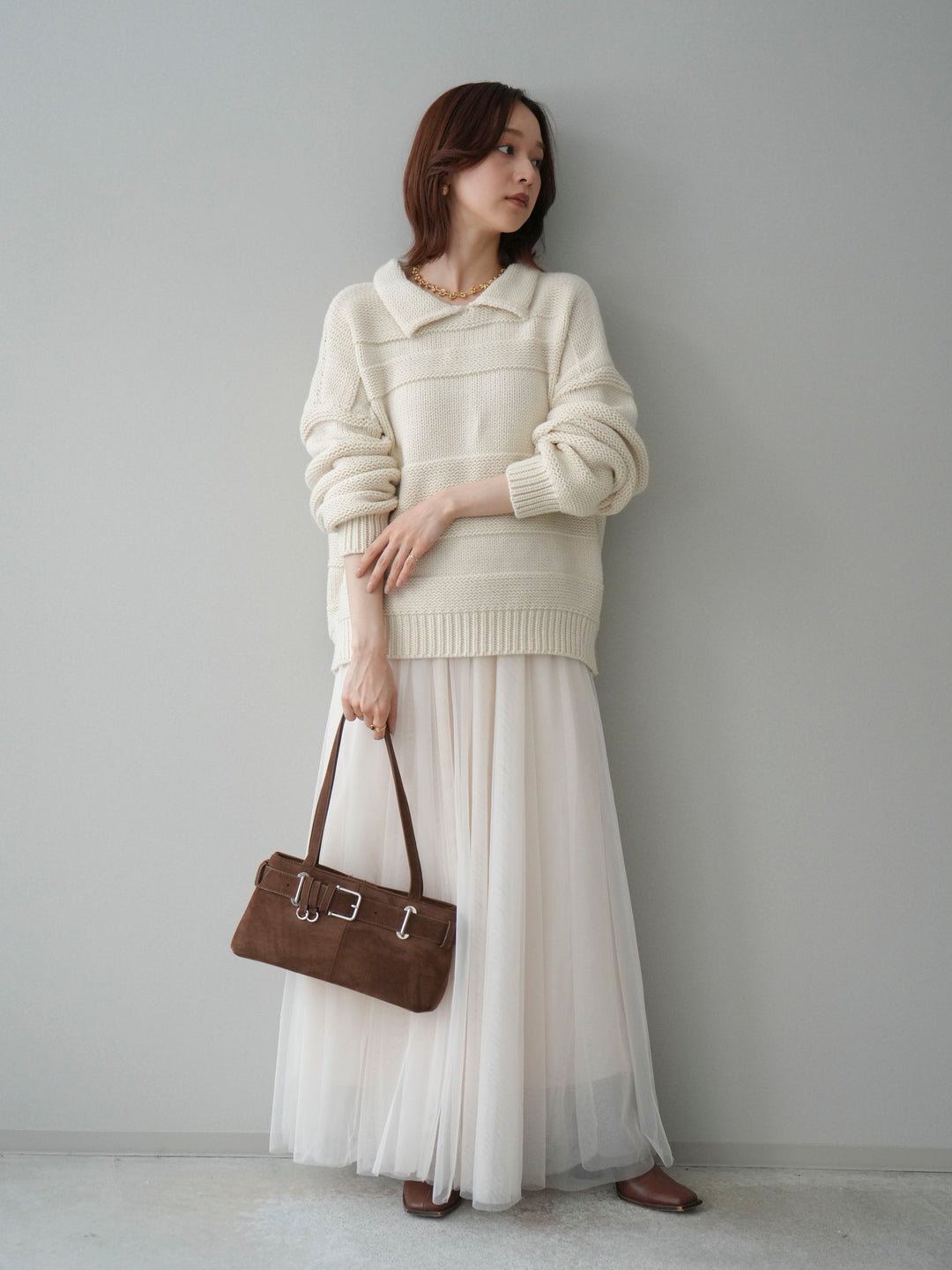 [SET]襟付きボーダー編みニットプルオーバー+チュールボリュームスカート(2set)