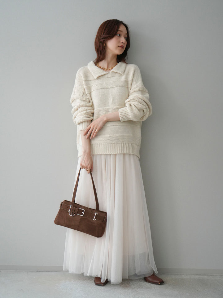 [SET]襟付きボーダー編みニットプルオーバー+チュールボリュームスカート(2set)
