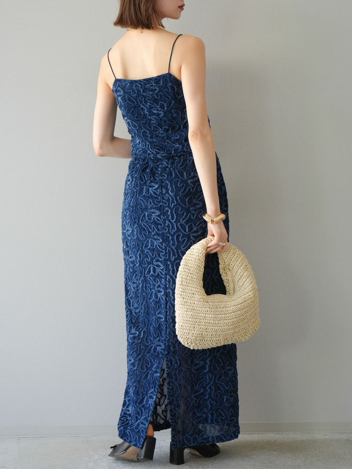 [予約]パイピングフラワーシアーベロアスカート/ネイビー