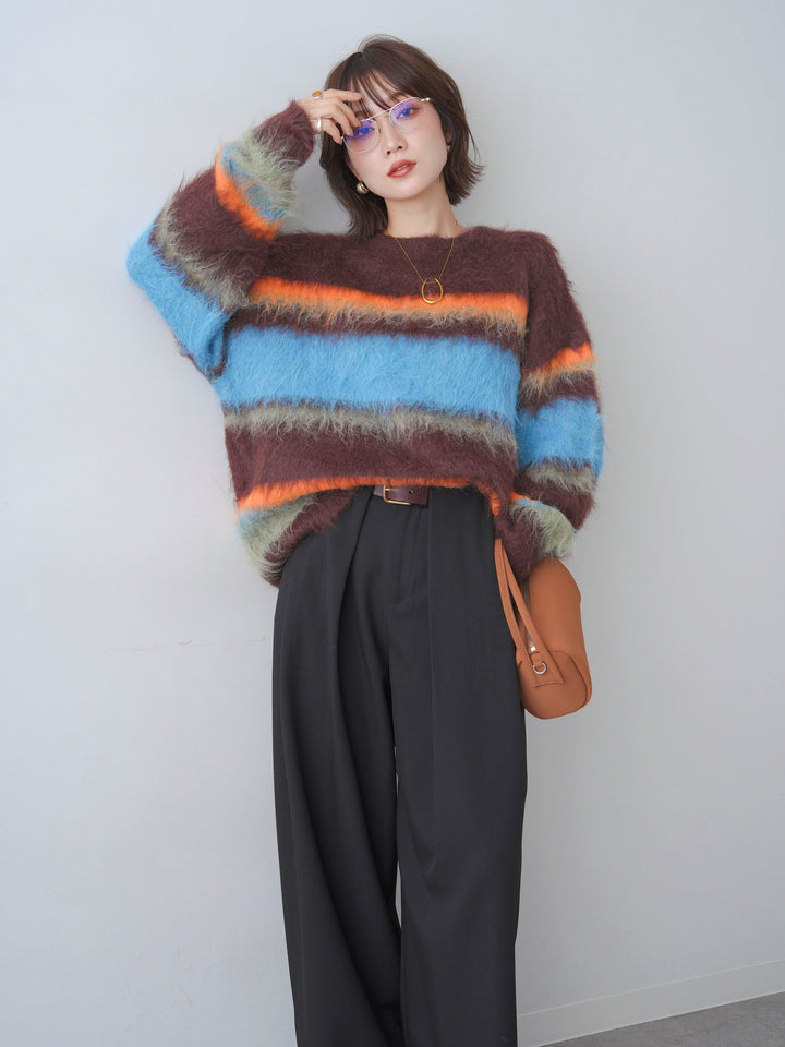 [予約]カラフルボーダーシャギーニットプルオーバー/brown