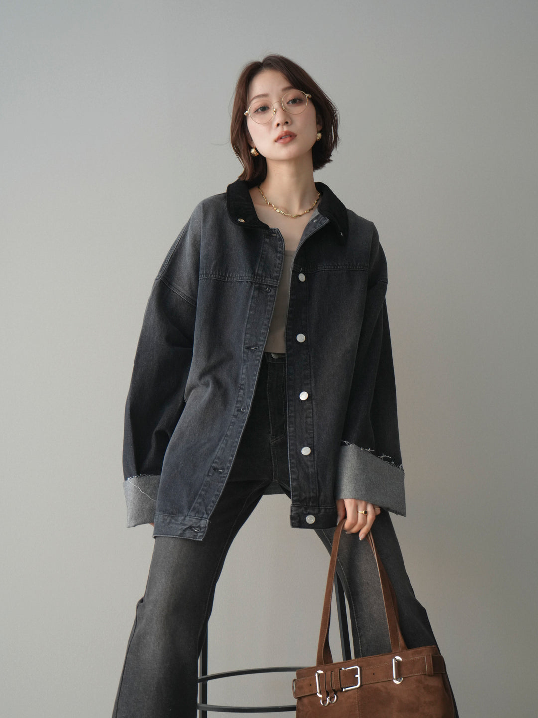 [SET]コーデュロイ×デニムミドルジャケット+フレアデニムパンツ(2set)