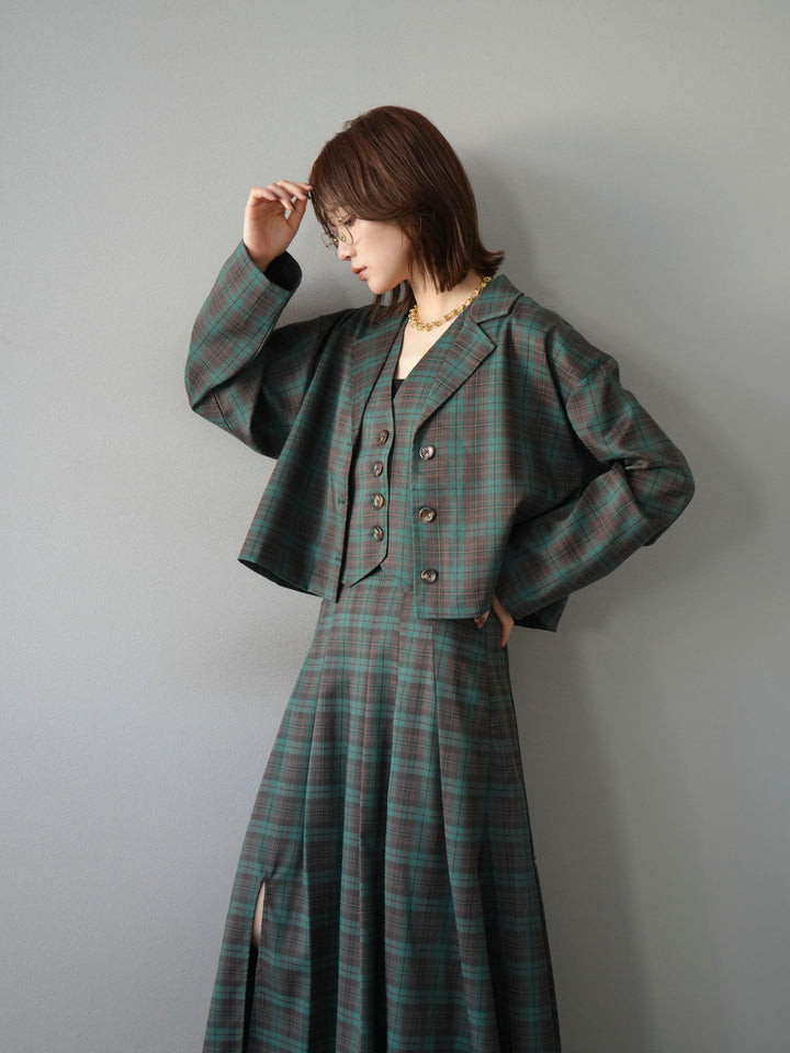 [SET]チェック柄ショートジャケット+チェック柄ベスト+チェック柄タックフレアスカート(3set)