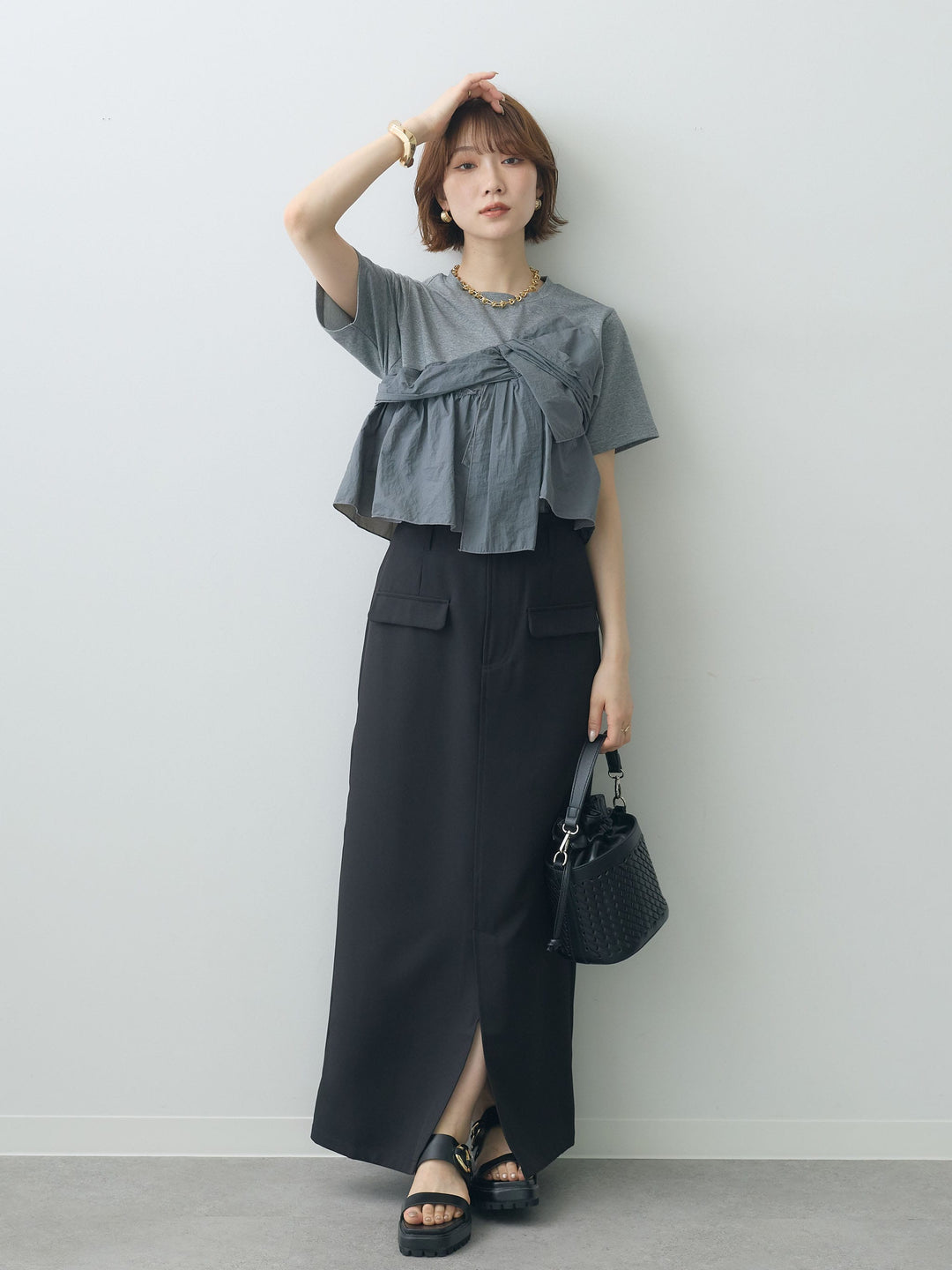 [SET]ナイロンドッキングツイストTEE +クレープデシンフラップ付きストレートスカート(2set)