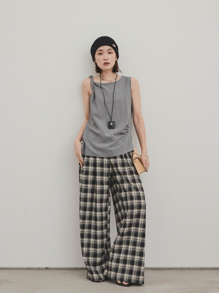 [SET] 扭紋無袖上衣配皮項鍊 + 格紋寬褲 (2 件套)