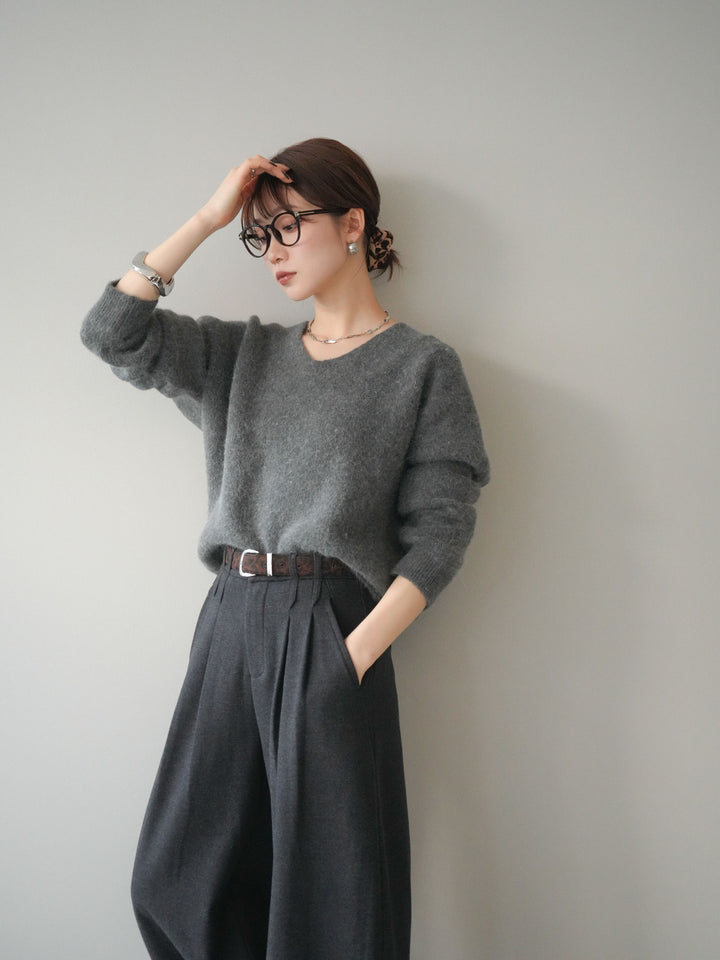 [予約]シュシュ付きアンゴラタッチVネックニットプルオーバー/gray