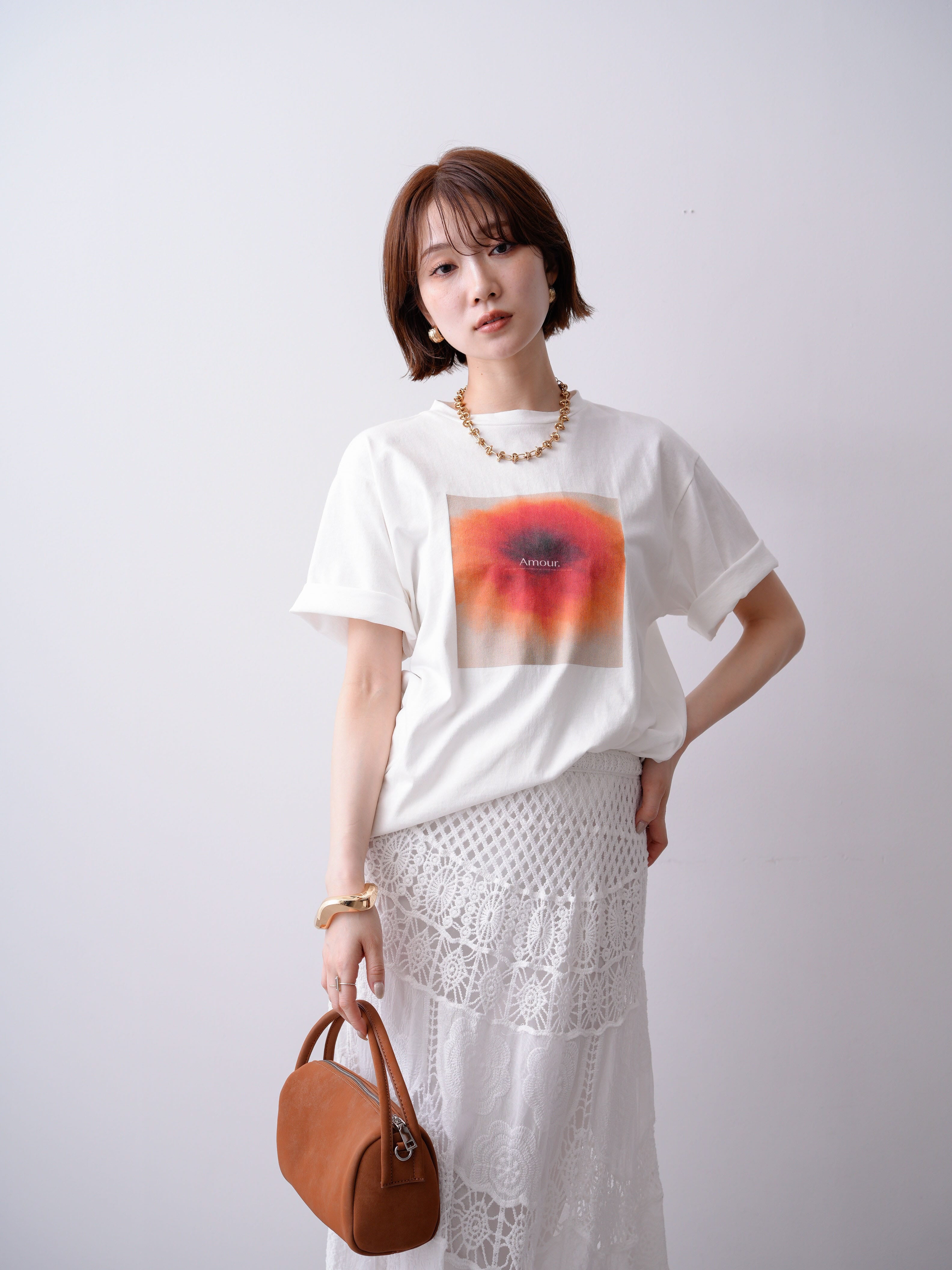 SET]ニュアンスフローラルフォトTEE+クロシェマキシスカート(2set