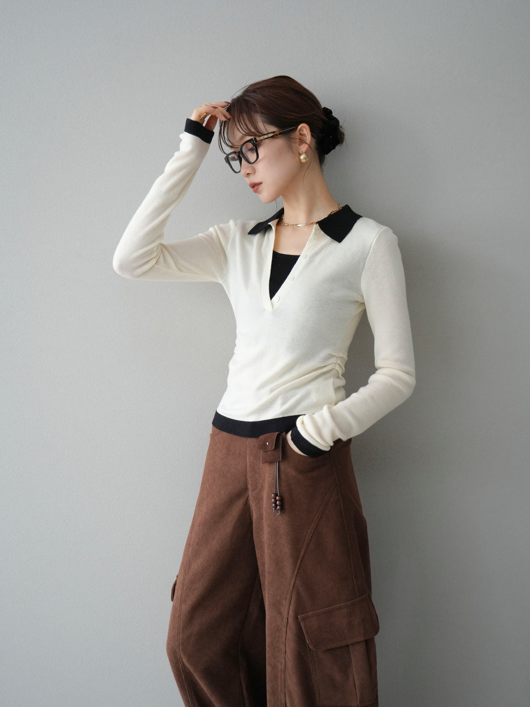 [予約]レイヤード配色ポロニットトップス/beige