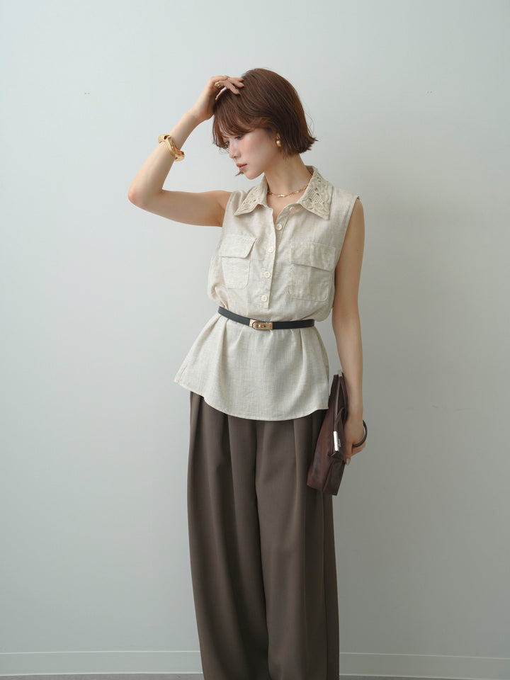 [予約]ベルト付レースカラーWポケットノースリシャツ/beige