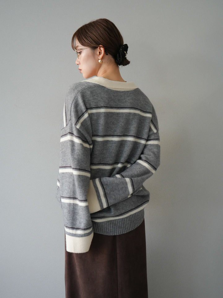 [SET]ポロ襟スキッパーボーダーニットプルオーバー+スウェードIラインスカート(2set)