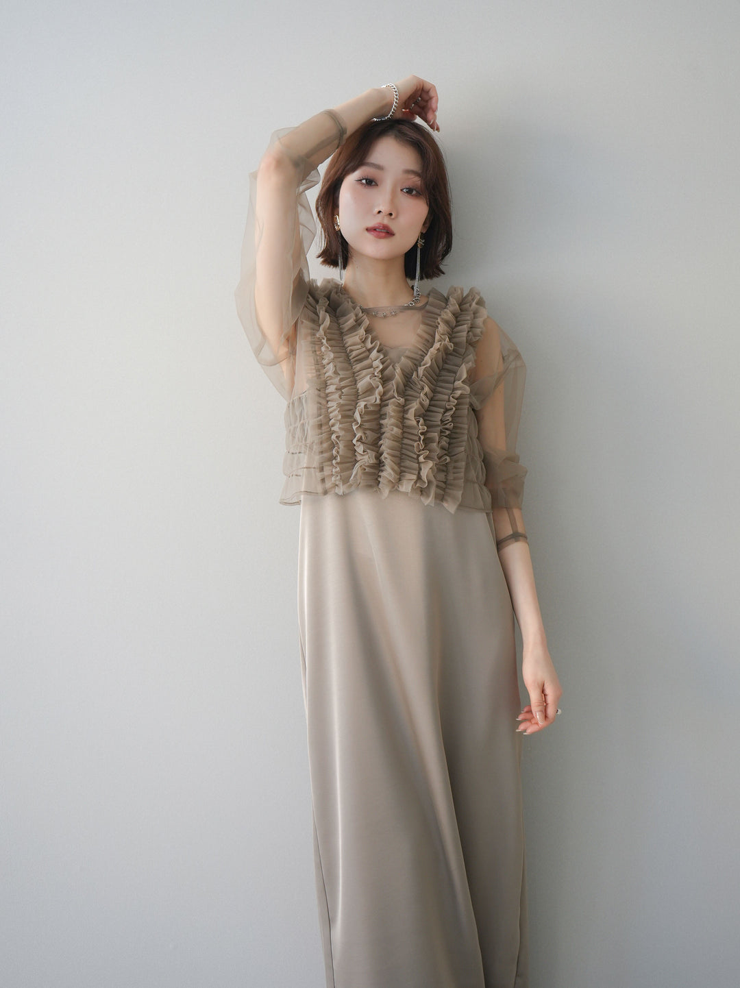 [予約]チュールフリルアンサンブルキャミソールドレス 3点SET/beige