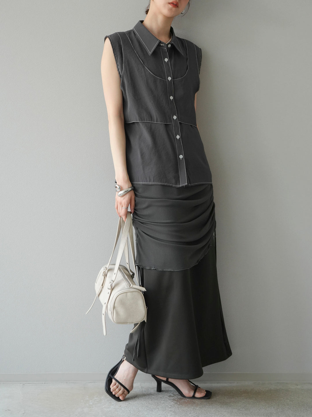 [予約]シアーレイヤードタイトスカート/チャコール