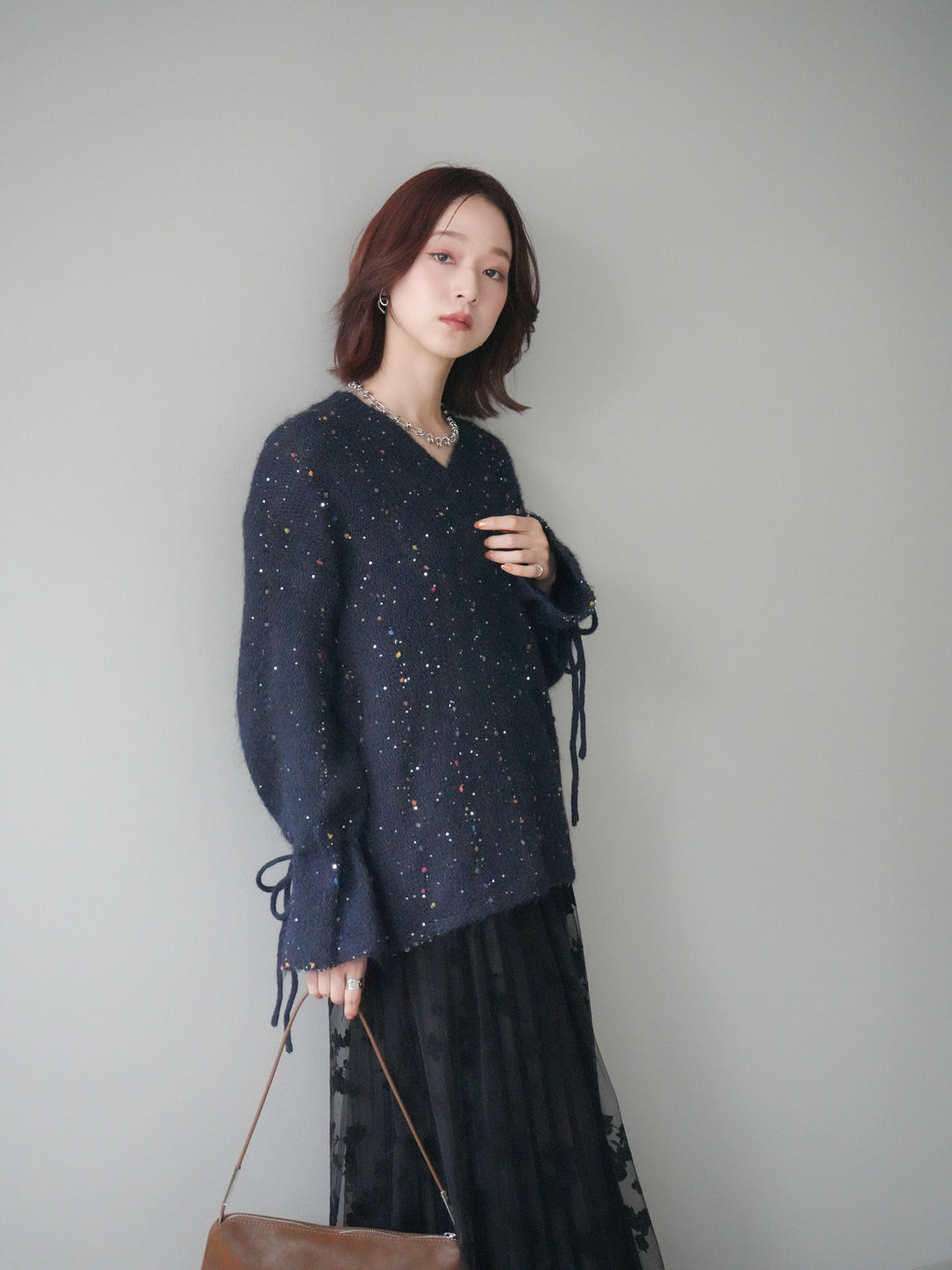 [SET]キャンディースリーブカラーネップスパンコールニットプルオーバー+フラワーフロッキーチュールプリーツスカート(2set)