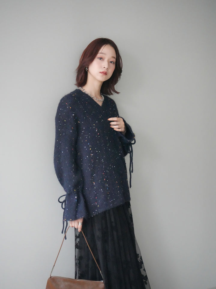 [SET]キャンディースリーブカラーネップスパンコールニットプルオーバー+フラワーフロッキーチュールプリーツスカート(2set)