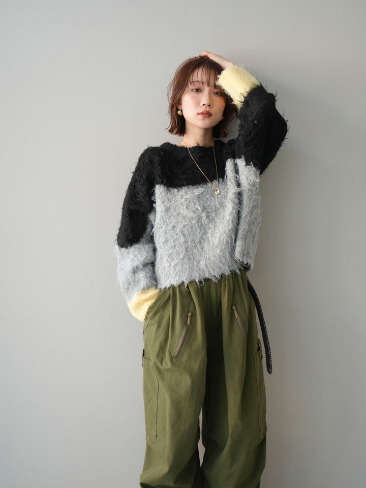 [SET]バイカラーモヘアタッチニットプルオーバー+コットンタックループパンツ(2set)