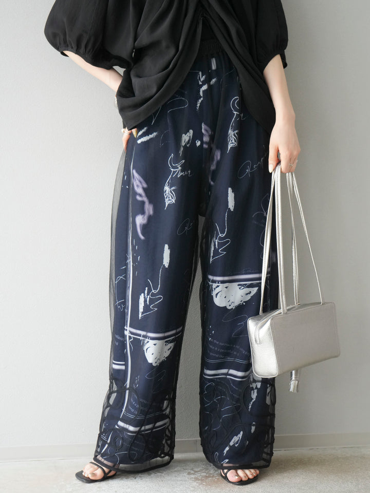 [SET]ボリュームスリーブシアータックブラウス+コード刺繍チュールレイヤードパンツ(2set)