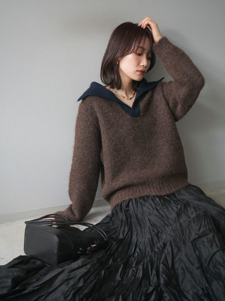 [予約]バイカラー襟付きニットプルオーバー/brown
