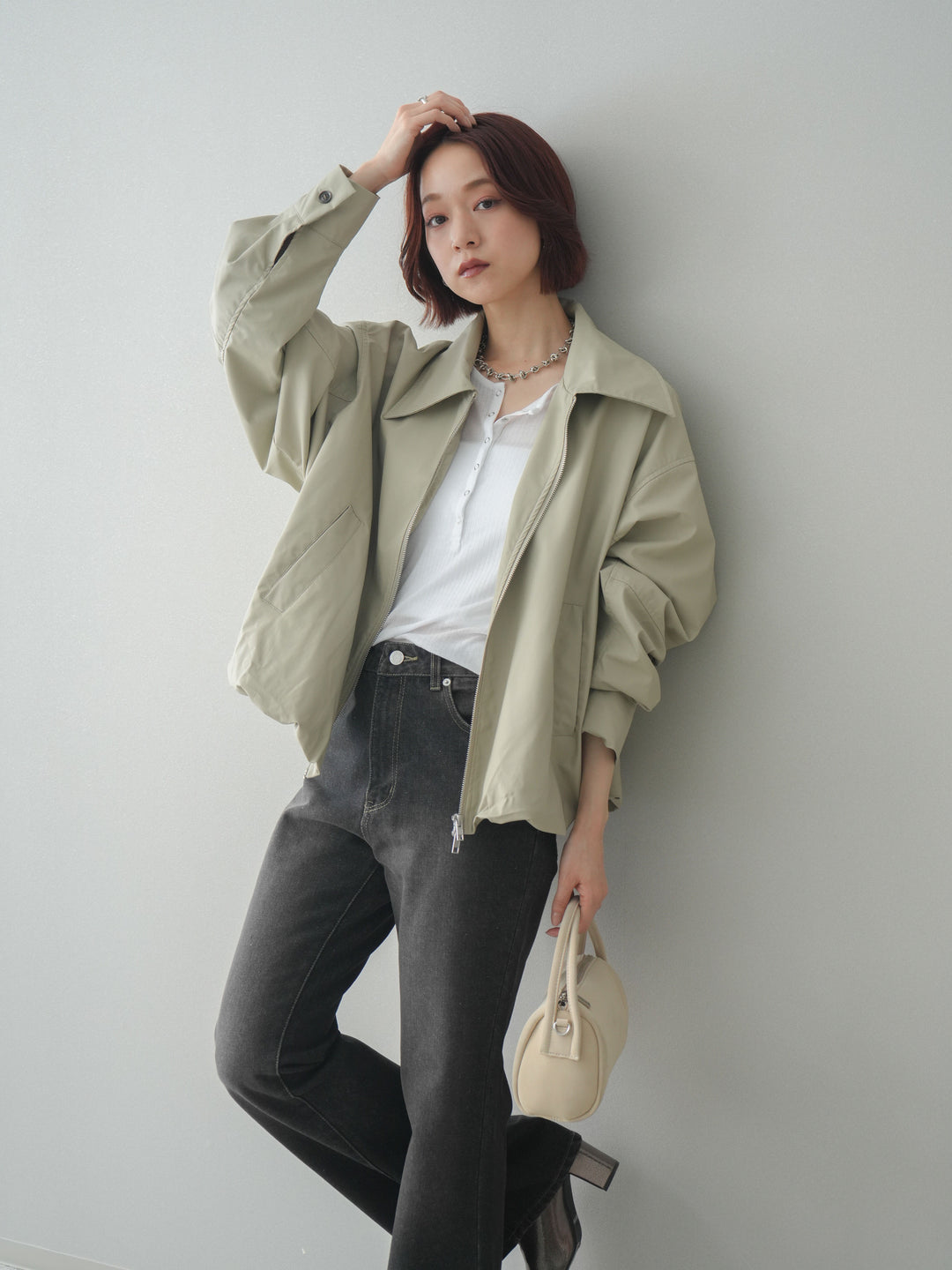 [予約]ウォッシャブルフェイクレザーバルーンジャケット/ecru