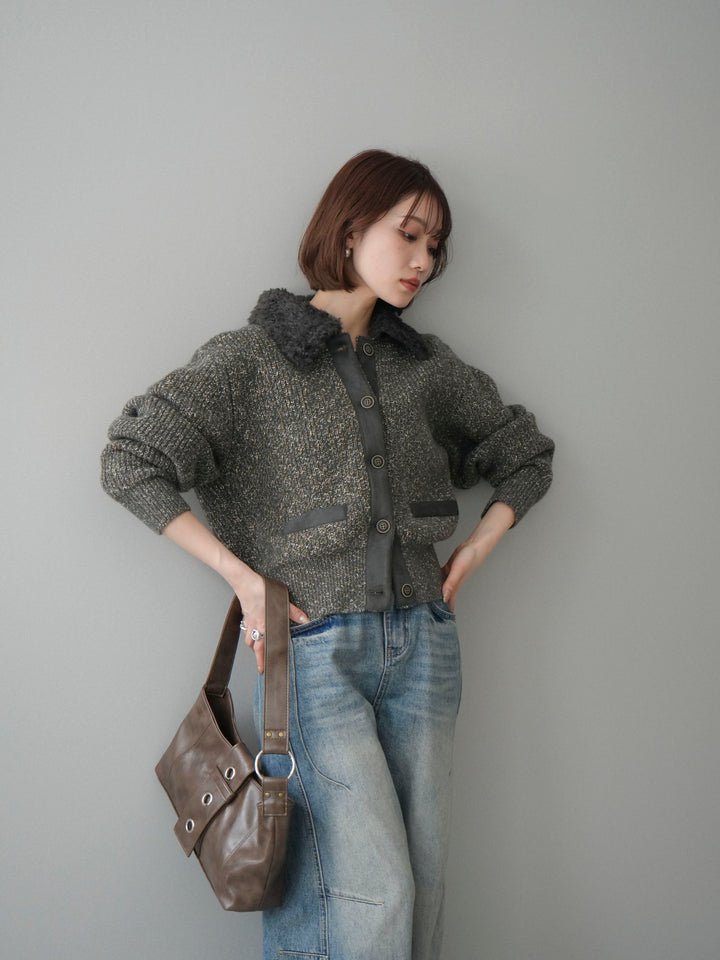 [予約]襟ボアミックスヤーンニットカーディガン/gray