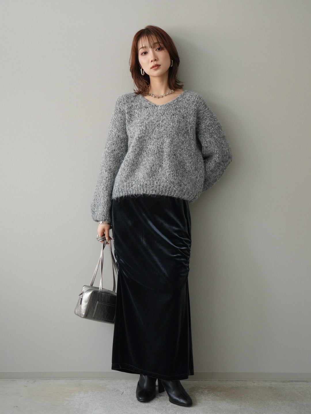 [予約]Vネックミックスヤーンニットプルオーバー/gray