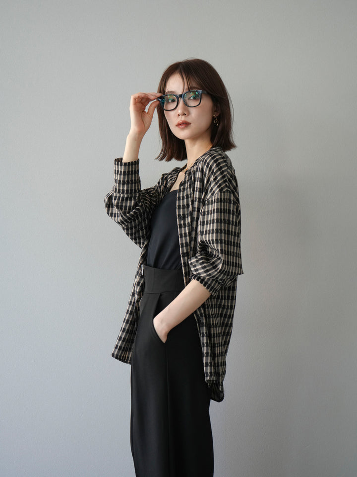 [予約]チェック柄2WAYスリーブバンドカラーシャツ/ベージュブラック