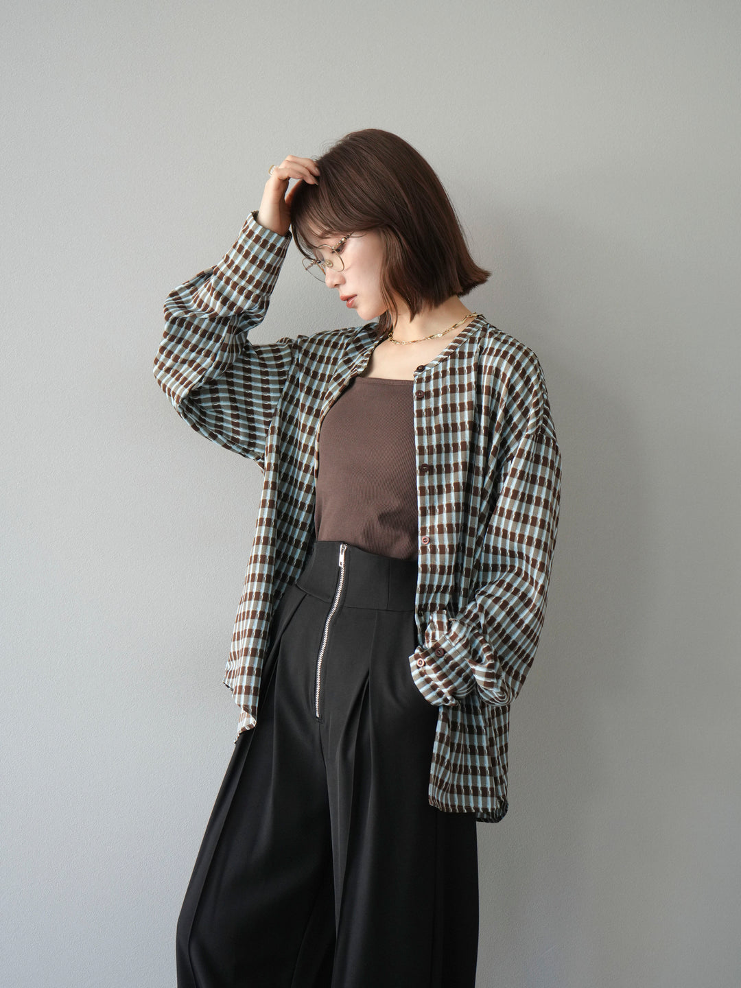 [予約]チェック柄2WAYスリーブバンドカラーシャツ/ブルーブラウン