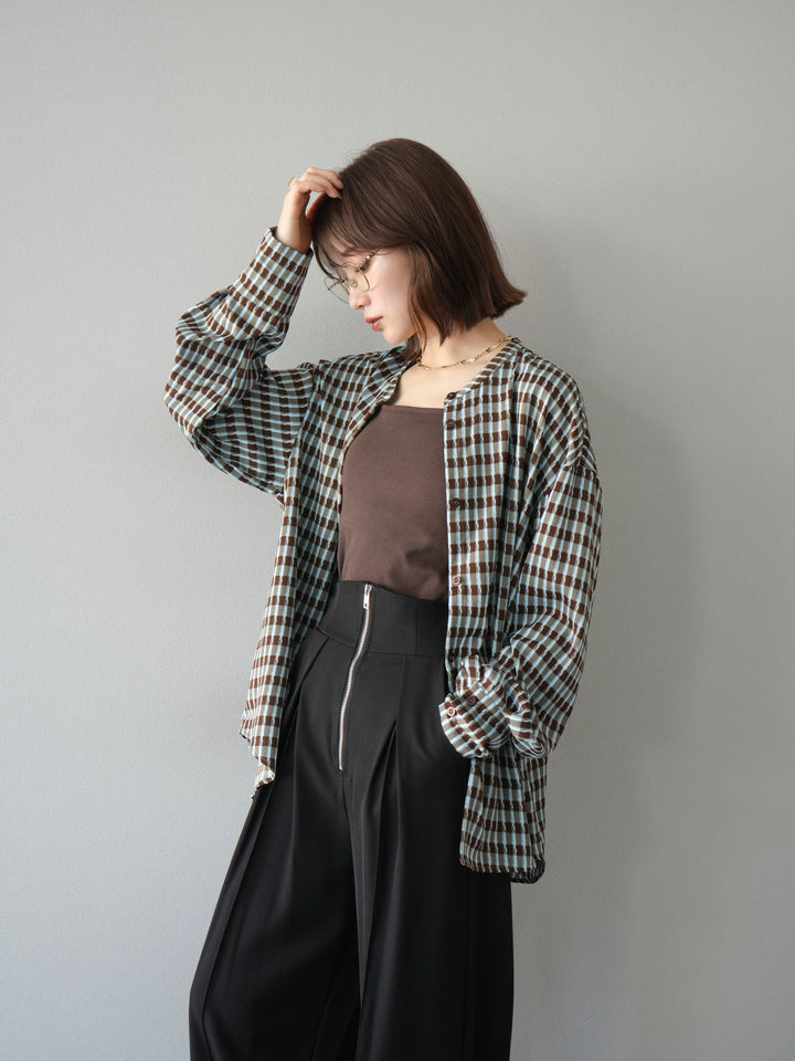 [予約]チェック柄2WAYスリーブバンドカラーシャツ/ブルーブラウン