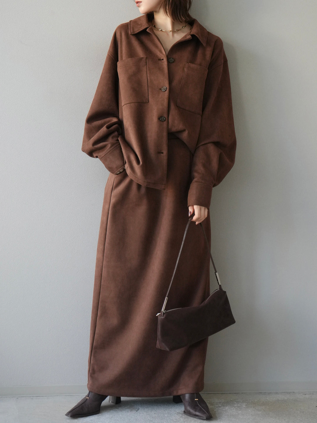 [SET]スエードシャツジャケット+スエードタイトスカート(2set)