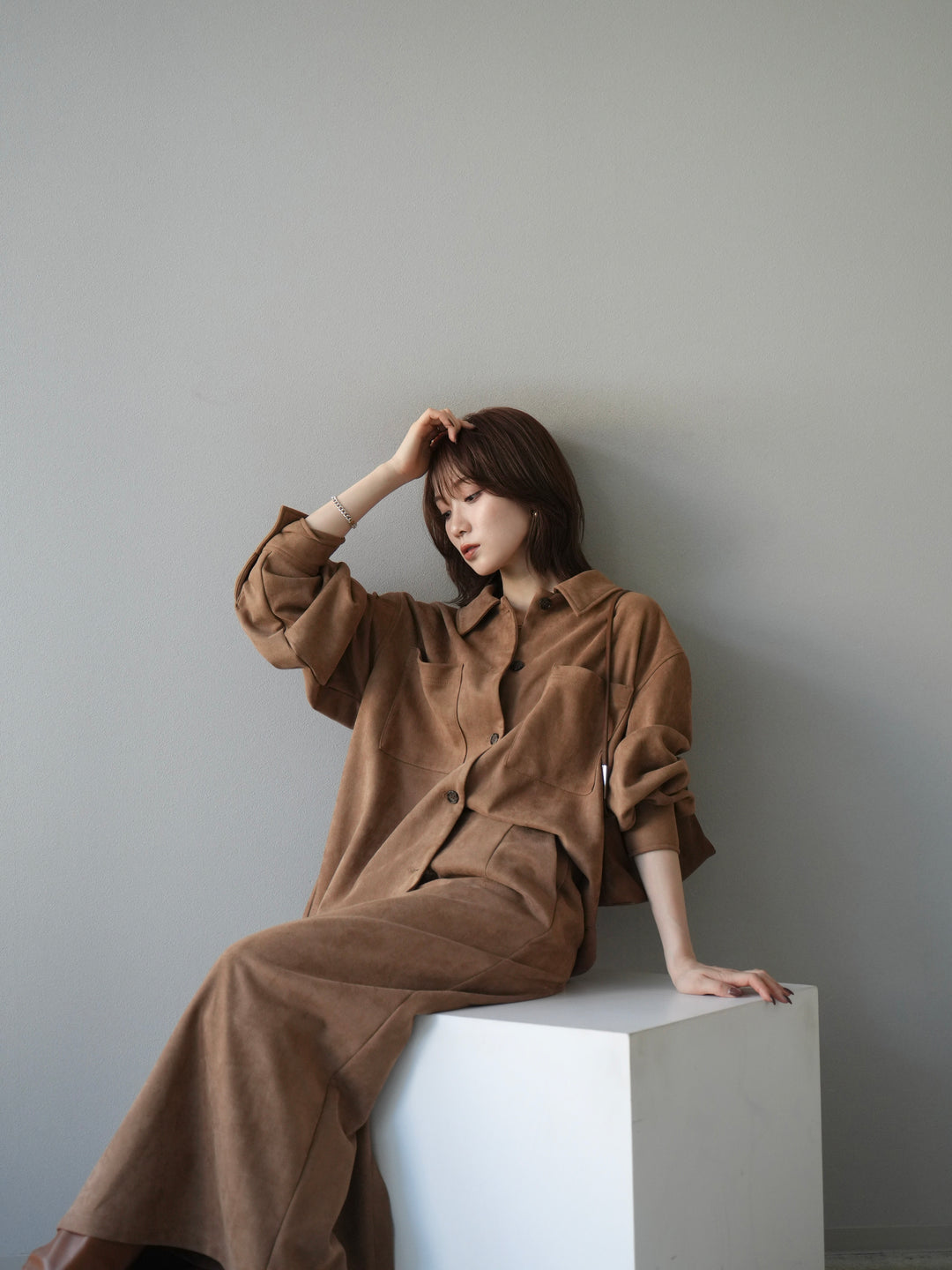 [SET]スエードシャツジャケット+スエードタイトスカート(2set)