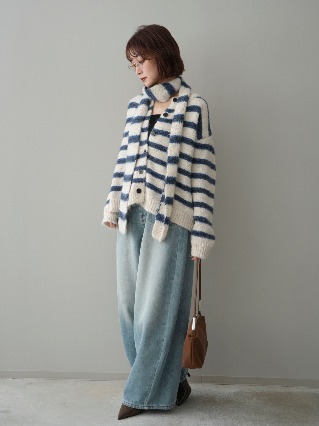 [SET]ボウタイ付きボーダーニットプルオーバー+ベルト付裏起毛カーブデニムパンツ(2set)