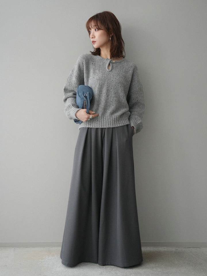 [SET]ツイストネックラメネップヤーンニットプルオーバー+テープベルトタックバギーパンツ(2set)