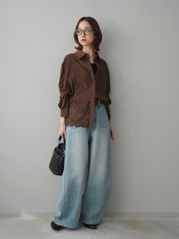 [SET]裾スカラップスエードシャツ+ベルト付裏起毛カーブデニムパンツ(2set)