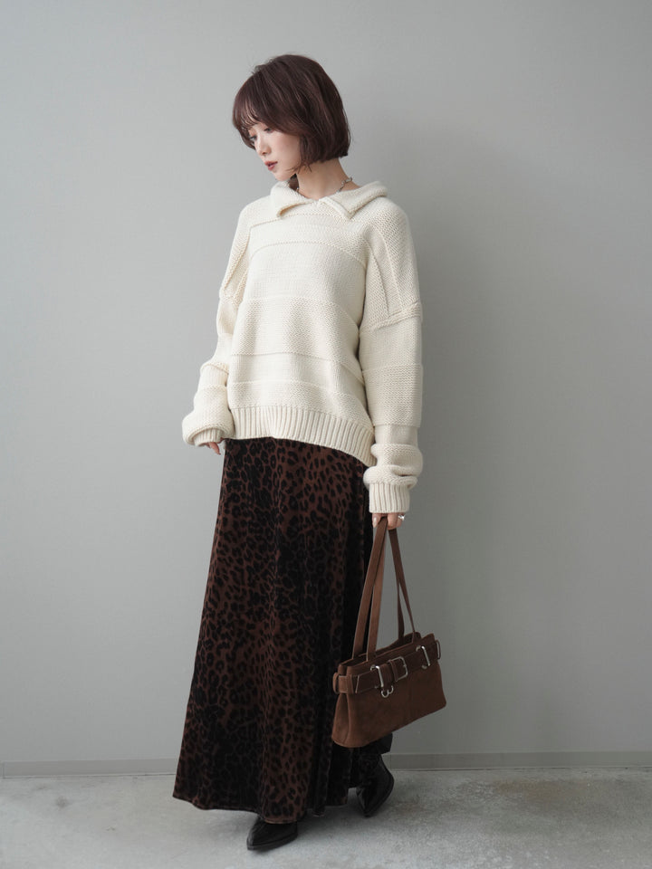 [SET]襟付きボーダー編みニットプルオーバー+レオパードベロアナロースカート(2set)